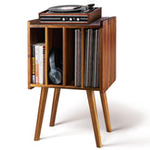 2BHOME wooden LP stand with four cabinets displaying organized vinyl collection.