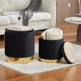 2BYF round ottoman storage set 2 in black velvet with big size, extra seating option.