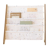 3 Sprouts Kids Bookshelf terrazzo cream front view highlighting 4-tier sling storage for easy access