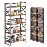 4NM 5 Tiers Folding Bookcase front view in rustic brown and black, ideal for space-saving storage.
