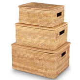 84ECO set of 3 rattan baskets with lid on display for organized storage.