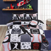 A Nice Night baseball-printed twin bedding on black geometric grid patchwork, ideal for kid-friendly bedroom decor.