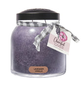 A Cheerful Giver Lavender Vanilla 34oz candle jar with long burn time and calm aroma.
