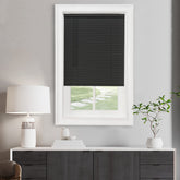Achim cordless light filtering mini blind in black front view offers privacy and soft daylight.