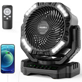 AddAcc 40000mAh camping fan with remote control for hands-free cooling outdoors.
