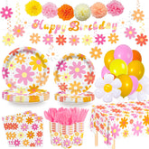 AGoooodySet groovy daisy tablecloth brightens a 24-guest party setup