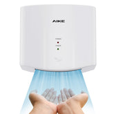 AIKE Air Wiper compact hand dryer front view, showcasing quick drying for high-traffic restrooms.