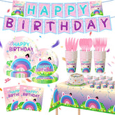 Ainuit dessert plates showcase pastel rainbows for kid-friendly birthday ambiance.