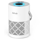 AirHub air purifier in a calm bedroom setup showing compact design for peaceful sleep