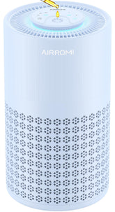 AIRROMI A2001 bedside purifier in blue delivering compact, powerful clean air