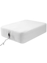 Akicia queen air mattress sheet showing deep pocket for secure fit.