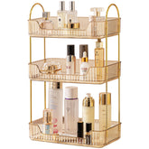 Akinbas 3-Tier bathroom organizer in gold front view shows ample vanity storage.