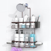 AKTECKE overhead showerhead caddy keeps toiletries secure and easy to reach.