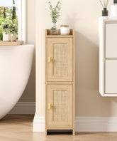 Akxomel rattan cabinet front view showing compact corner storage for small bathrooms.