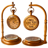 ALADEAN brass table clock with compass front view, adds timeless desk charm.