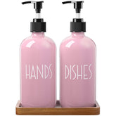 ALELION pink glass dish soap dispenser on a tidy kitchen counter