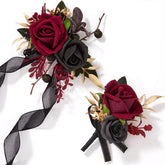 Alecono burgundy corsage wristlet with silk roses for a coordinated wedding look.