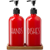 ALELION red dish soap dispenser glass bottle with pump for tidy countertops.