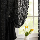ALIGOGO black lace curtains with 63 inch length offering soft light filtration for a moody bedroom