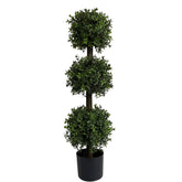 ALL SEASON GREEN triple-ball topiary close-up, lush faux leaves for outdoor decor, low maintenance.