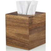 ALLELION square tissue box cover in acacia wood adds organized dining-table elegance.