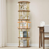 ALLSTAND 5-Tier Rotating Bookshelf with gold finish offers stylish, accessible storage.