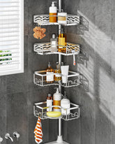 AllZONE corner shower caddy pole setup shows space-saving storage.