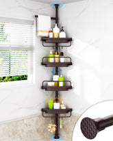 ALLZONE corner shower caddy with tension pole offers space-saving storage in bathrooms.