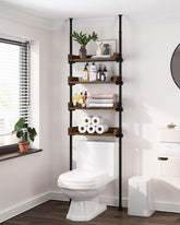 ALLZONE over-toilet organizer with four-tier wood shelves for compact bathrooms.
