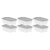 Amazon Basics 12-quart storage bin with gray latch lid for dust protection.