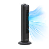 Amazon Basics 28-inch tower fan front view for compact cooling and airflow.