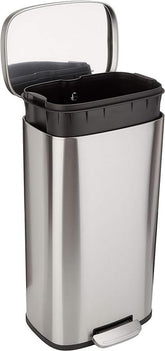 Amazon Basics 30L soft-close trash can with foot pedal for quiet, convenient disposal.