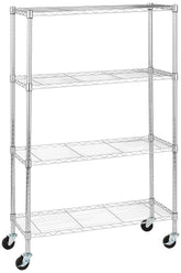 Amazon Basics 4-shelf chrome shelving unit shows durable steel construction for organized garage storage