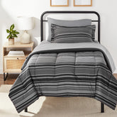 Amazon Basics 5-piece twin comforter set with sheets, gray Calvin stripe, all-season comfort