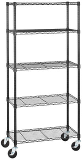 Amazon Basics 5-shelf garage shelving with a sturdy black finish for organized storage.