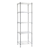 Amazon Basics 5-Shelf Tower Chrome Shelving Unit shown in full view, ideal for corner storage in small rooms.