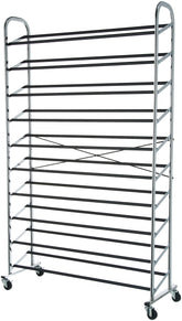 Amazon Basics 50-Pair shoe rack front view highlights chrome metal finish and ample storage.