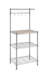 Amazon Basics baker's rack with wood top shows a sturdy chrome frame for prep and storage.