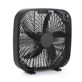 Amazon Basics box fan front view with carry handle for easy room-to-room cooling.