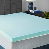 Amazon Basics cooling gel-infused topper on a queen bed for cooler, supportive sleep.