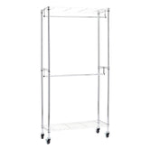 Amazon Basics double hanging rod rack in chrome finish for organized wardrobe.