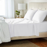 Amazon Basics flat sheet queen white shows breathable softness and easy care.