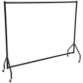 Amazon Basics heavy duty rolling garment rack seen from the side for showroom display.