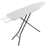 Amazon Basics full-size ironing board in use with open legs for sturdy pressing