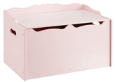 Amazon Basics kid's wooden toy chest with pink lid, ample storage for toys and books.