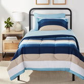 Amazon Basics twin XL lightweight microfiber comforter with blue stripe for cozy nights.