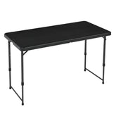 Amazon Basics portable 4ft folding table with carrying handle for easy transport.