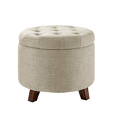 Amazon Basics round storage ottoman beige fabric with concealed storage for tidy living rooms.
