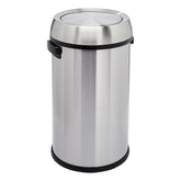 Amazon Basics round trash can with swing lid for easy one-handed use.