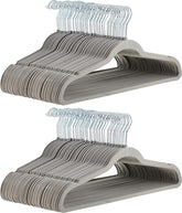 Amazon Basics slim velvet hangers in gray-silver finish for organized closet space and non-slip grip.
